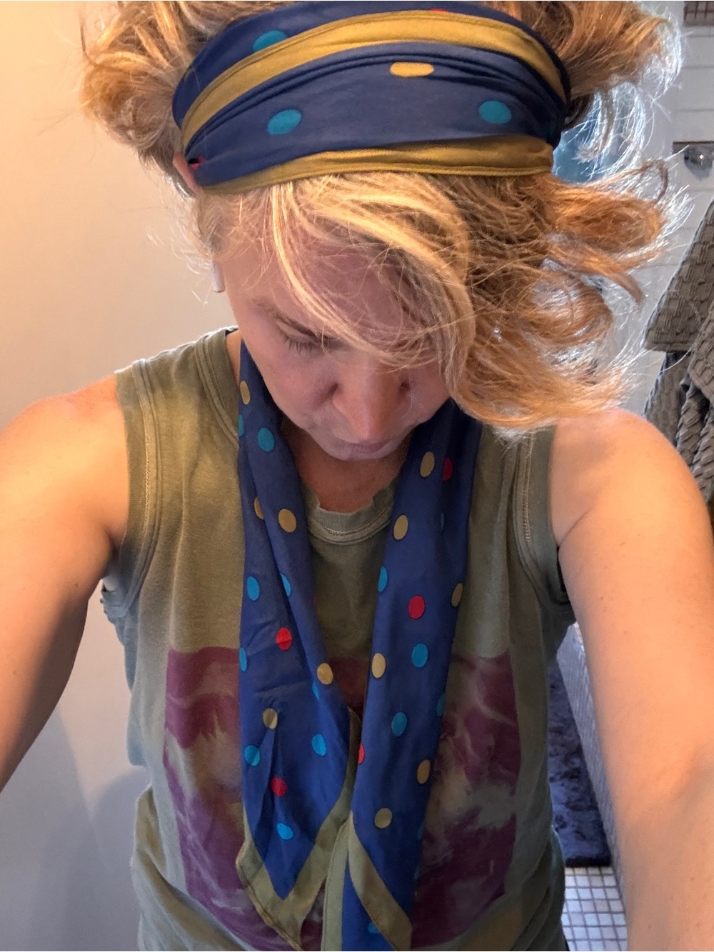 kenzie Navy Polka Dot Headband Scarf with Olive Trim